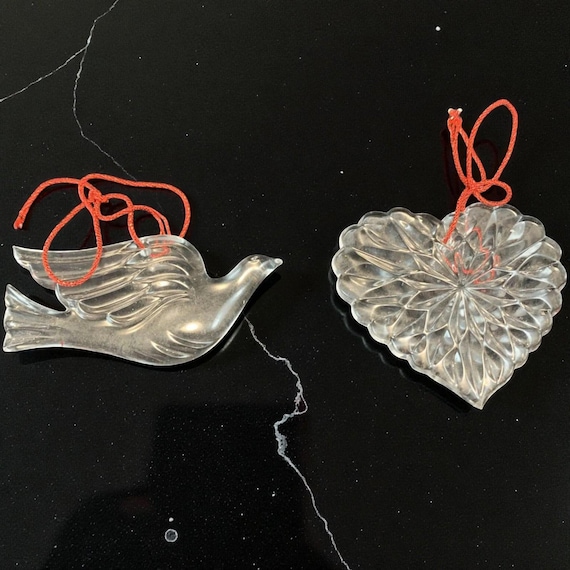 Vintage Cut Glass Dove and Crystal Heart Christmas Tree Ornament Set of 2