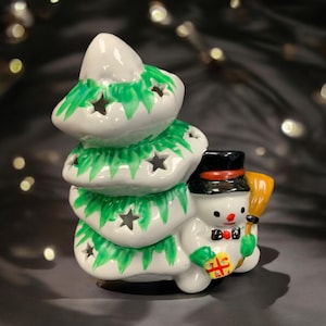 Vintage Ceramic Snowman With a Christmas Tree Tea Light Candleholder In Original Box
