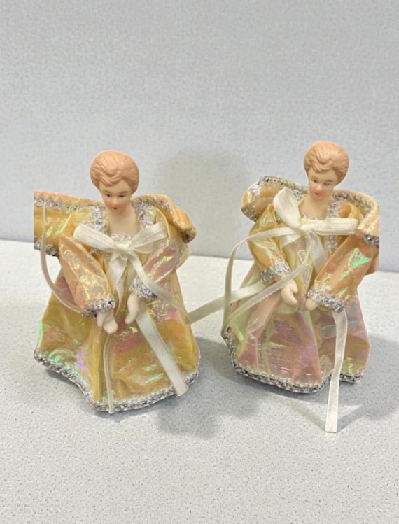Vintage Victorian Angel Christmas Ornament: Gold Lame Dress, White Bow (Set of Two)