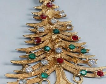 Vintage 1960s Mylu Gold Toned Christmas Tree Brooch or Pin W/Multicolored Rhinestones