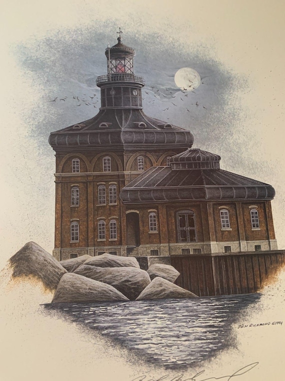 Ben Richmond Moonstruck Lithograph: Toledo Lighthouse Nautical Art, Signed Limited Edition