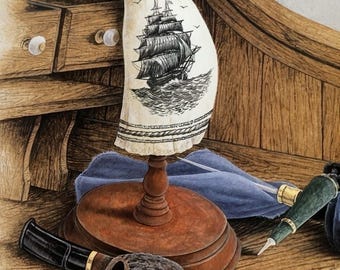 Ben Richmond Scrimshander Lithograph: Hand-Signed Nautical Art Print, 1995 (COA Included)