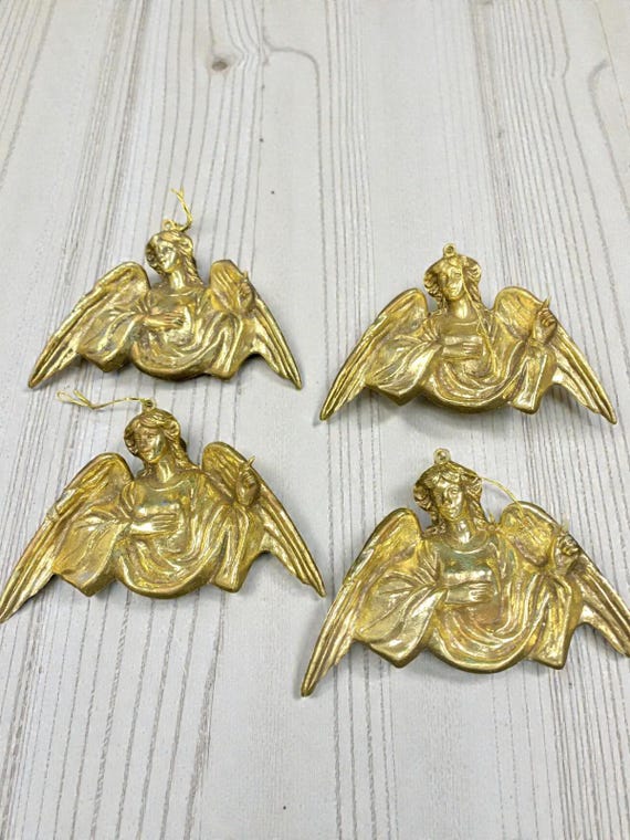 Vintage Art Deco Gold Tone Angel Christmas Ornaments - Set of 4