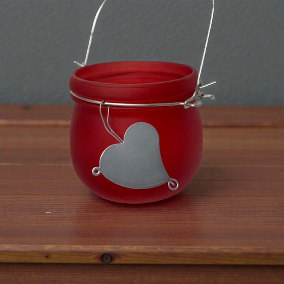 Vintage Red Frosted Glass Jar with Metal Heart Handle, Candy Dish or Candle Holder
