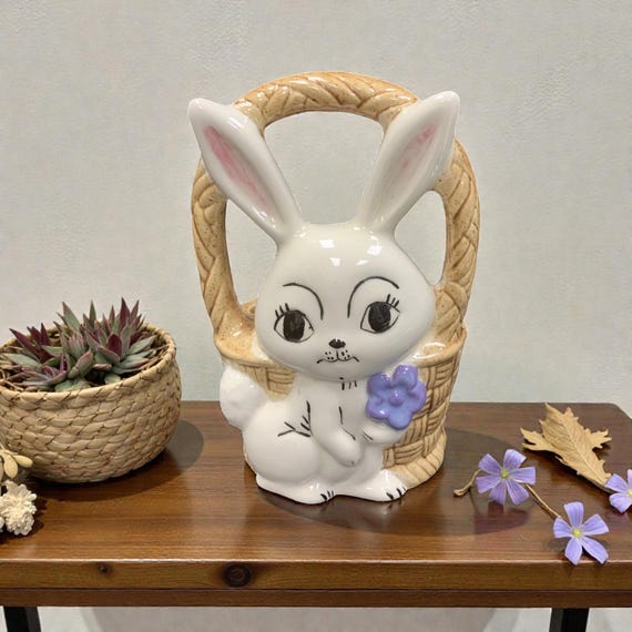 Vintage Hand-Painted Ceramic Bunny Rabbit Easter Basket Planter