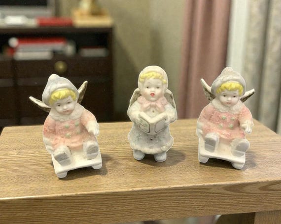 Vintage Glittery Ceramic Angel Figurines: Caroling & Sled Riding Set