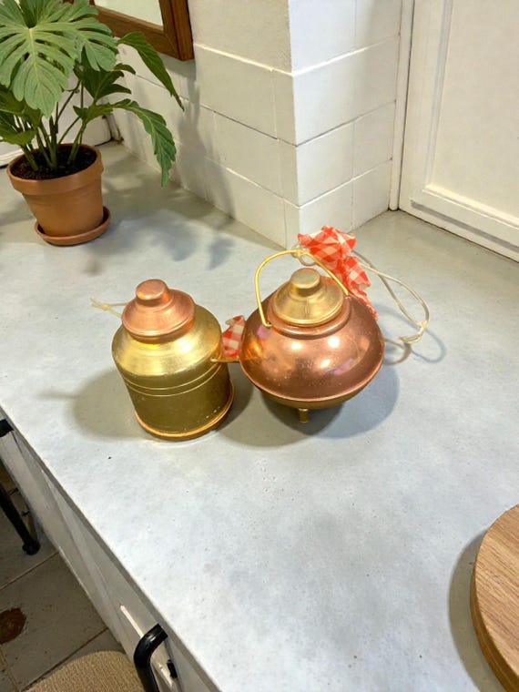 Vintage Miniature Milk Can Christmas Ornaments: Gold & Copper with Gingham Bows (Set of 2)