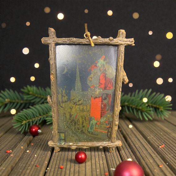 Vintage Santa Sleigh Ornament: Resin Wood Framed Christmas Art