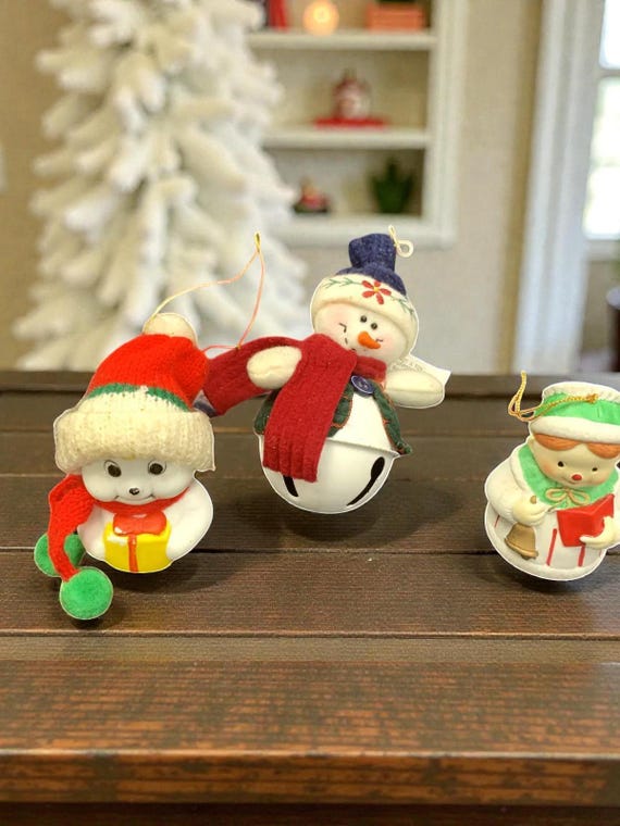 Vintage Christmas Ornaments Set: Ceramic Snowman, Bell, Choir Child