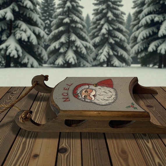 Vintage Hand Painted Santa Wooden Sled, Christmas Wall Hanging Decor