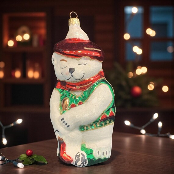 Glass Sugar Coated Golfing Polar Bear Christmas Tree Ornament Signed by Bill Hixson