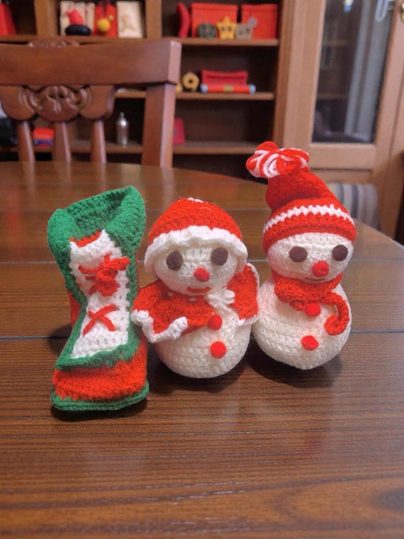 Vintage Handmade Crocheted Mr. & Mrs. Snowman and Colorfu Stocking Christmas Decorations