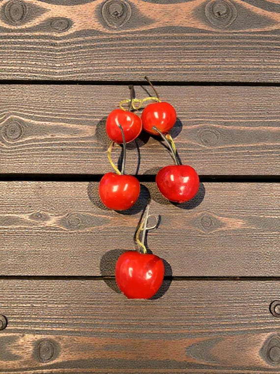 Vintage Red Cherry Christmas Ornaments: Kitsch Tree Decor, Set of 5