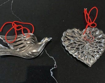 Vintage Cut Glass Dove and Crystal Heart Christmas Tree Ornament Set of 2