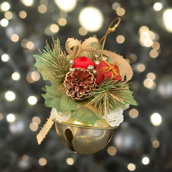 Vintage Jingle Bell Christmas Ornament: Gold Tone Metal with Pinecone