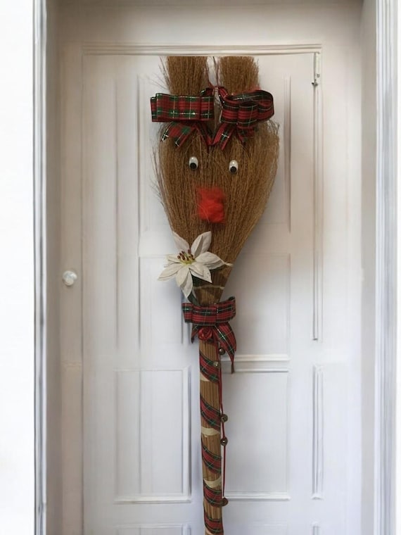 Vintage Christmas Reindeer Broom Wreath, Red Plaid Bows, Poinsettia