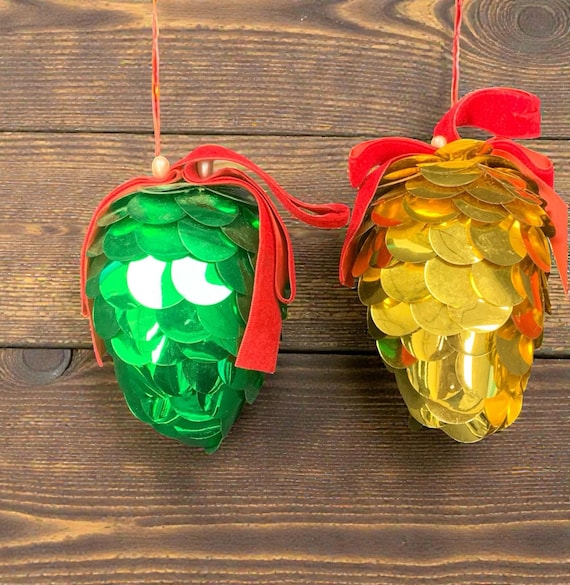 Vintage MCM Sequin Pinecone Christmas Ornaments - 1970s Set of 2