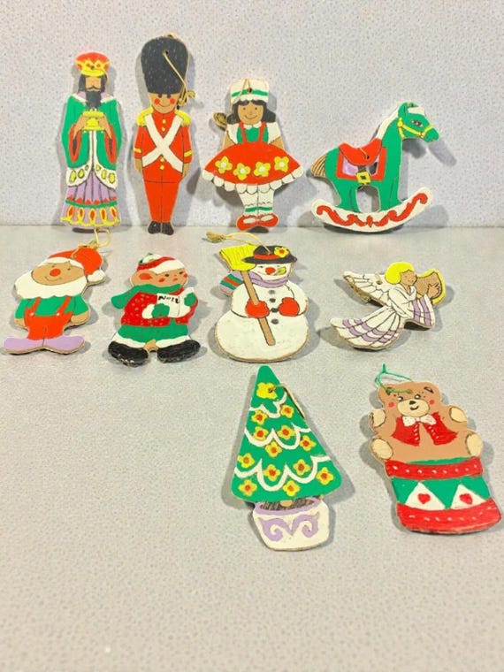 Vintage Hand Painted Wood Christmas Ornaments: 1980s Kitsch Set of 9