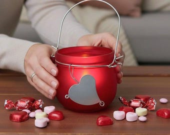 Vintage Red Frosted Glass Jar with Metal Heart Handle, Candy Dish or Candle Holder
