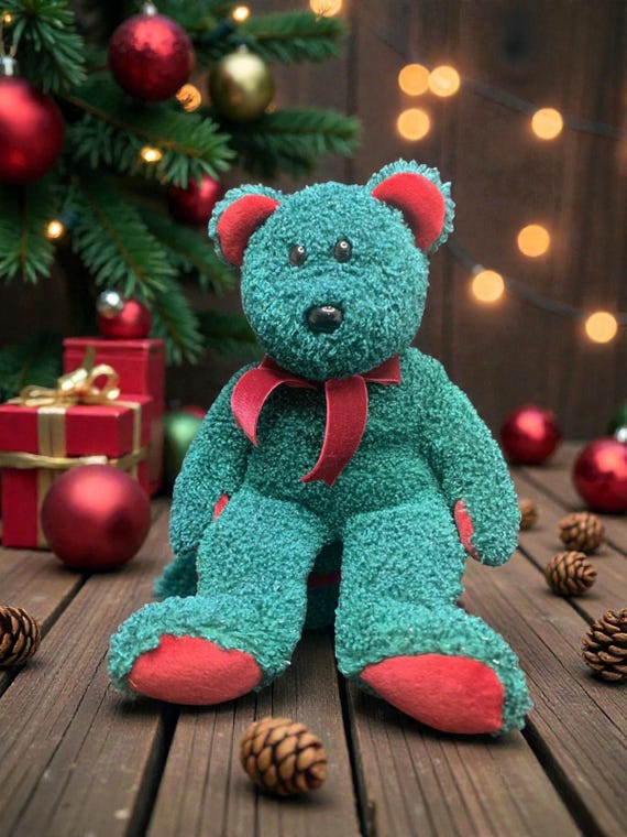 TY Beanie Buddy Christmas Plush Bear: Green, Red Bow (2001)