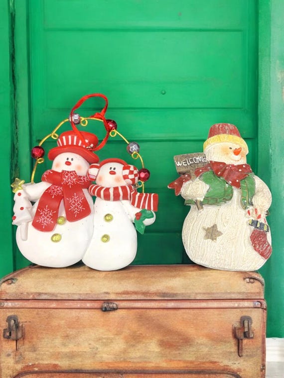 Vintage Snowman Christmas Tree Ornament and Snowman Magnet Winter Holiday Decorations Set of 2