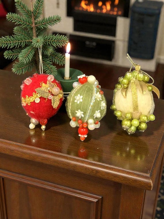 Vintage MCM Beaded Christmas Ornaments: Pink, White, Green Fabric Set