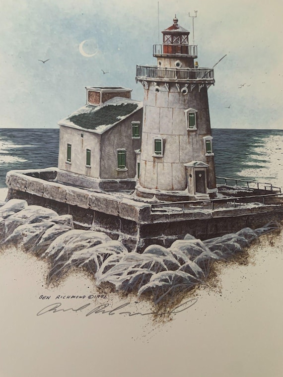 Ben Richmond Northern Lights Lithograph: West Pier Lighthouse, Lake Erie - Signed Limited Edition