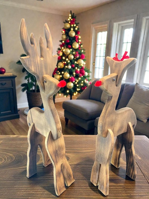 Vintage Handmade Wood Rudolph Reindeer Set: Freestanding Holiday Decor