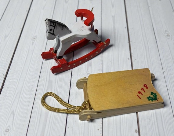 Vintage Handmade Wood Christmas Ornaments: Sled & Rocking Horse, 1978