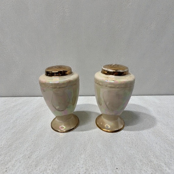 Vintage Lusterware Salt and Pepper Shakers: Iridescent Pearl Ceramic, Gold Accents