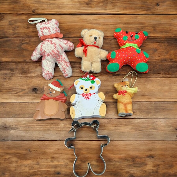 Vintage Teddy Bear Christmas Ornaments: Fabric, Metal, Ceramic, Plush - Set of 7