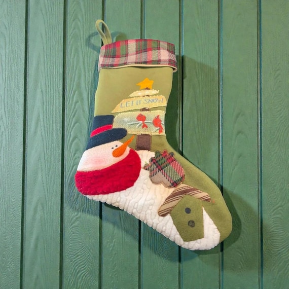 Snowman Christmas Holiday Stocking With Decorative Let it Snow Plaid Appliqué 22 Inches Tall