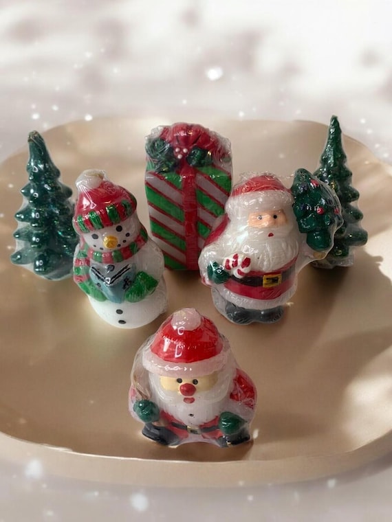 Vintage Boston Warehouse Christmas Figural Candles: Santa, Snowman, Tree, Present