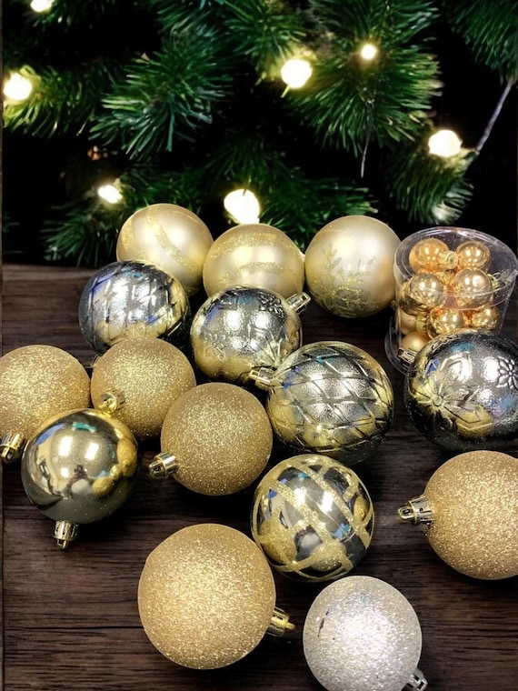 Vintage Glittery Gold Christmas Ornaments: Shiny Plastic Craft Set of 27