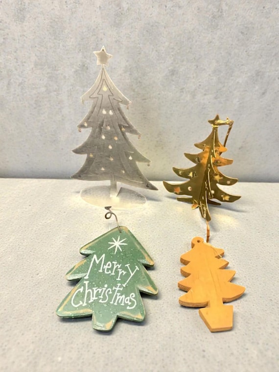 Vintage 3D Christmas Tree Ornament Set: Rustic Metal & Wood Decor