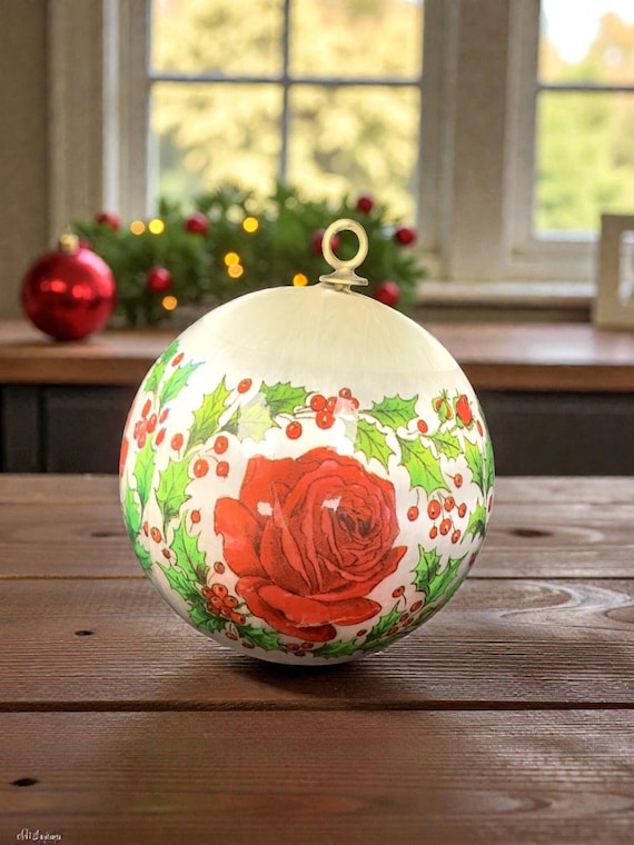 Vintage Satin Christmas Ornament: Rose & Holly, Mother's Love, 1981