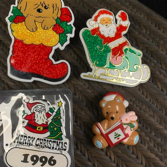 Vintage Shimmery Christmas Ornament Magnets: Santa, Puppy, Teddy Bear - Set of 4