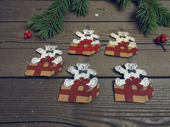 Vintage Metal Christmas Ornaments: Teddy Bear on Present - Set of 5