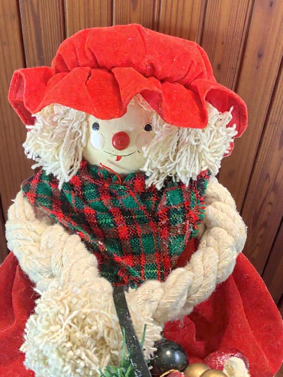 Vintage Handmade Raggedy Ann Style Christmas Mop Doll Shelf Sitter