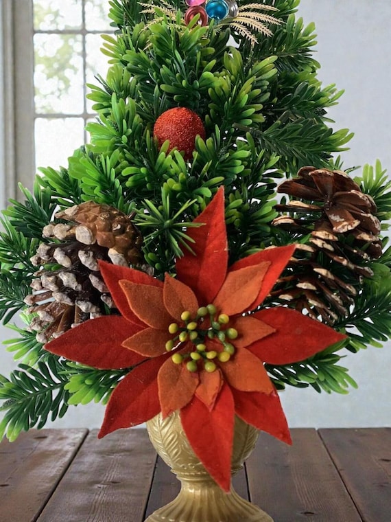 Vintage Christmas Wreath, Handmade Poinsettia & Pinecone Holiday Decor