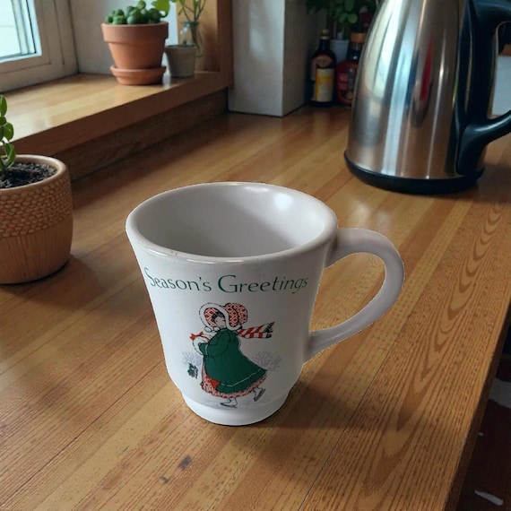 Vintage Holly Hobbie Christmas Mug: Seasons Greetings Stoneware Cup