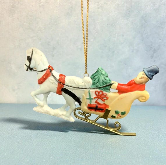 Vintage Enesco Christmas Tree Ornament Victorian Style Ceramic Collectible Sleigh Ride From 1987
