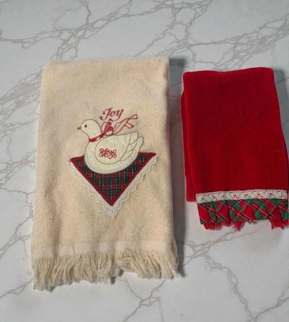 Vintage Christmas Hand Towel Set: Embroidered Dove, Plaid Fringe