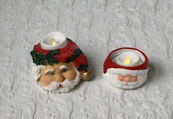 Vintage 1995 Porcelain Santa Claus Tea Light Candleholders, Set of 2