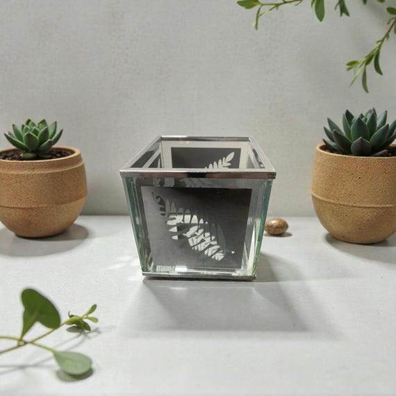 Mirrored Glass Tea Light Holder, Silver Leaf Cutout Design