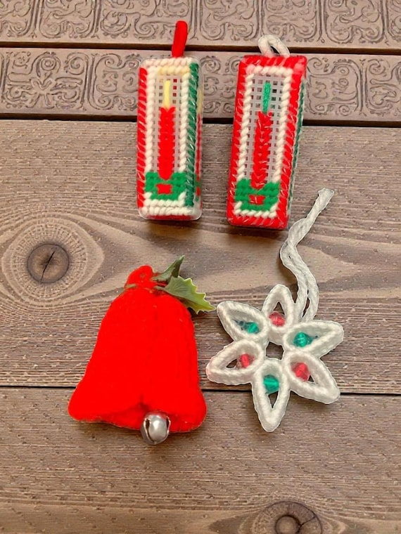 Vintage Cross Stitch Christmas Ornaments Set: Handmade Felt Tree & Candles