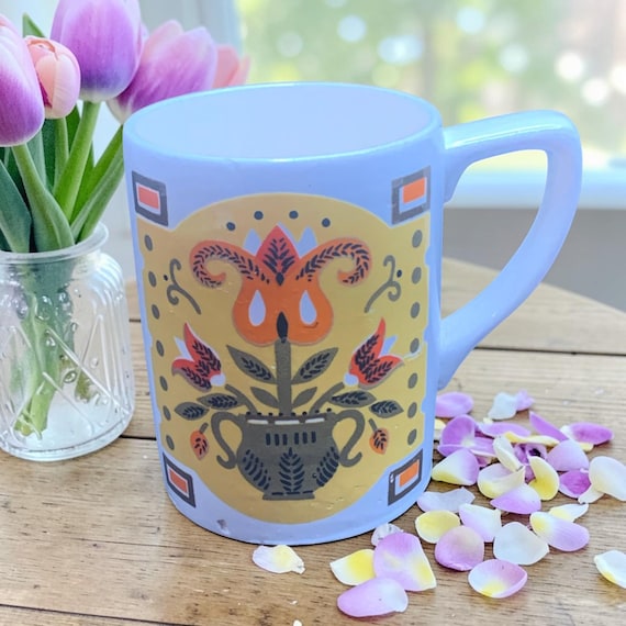 Vintage Napcoware Scandinavian-Inspired Folk Art Bird & Floral Stacking Coffee Mug #C7337P