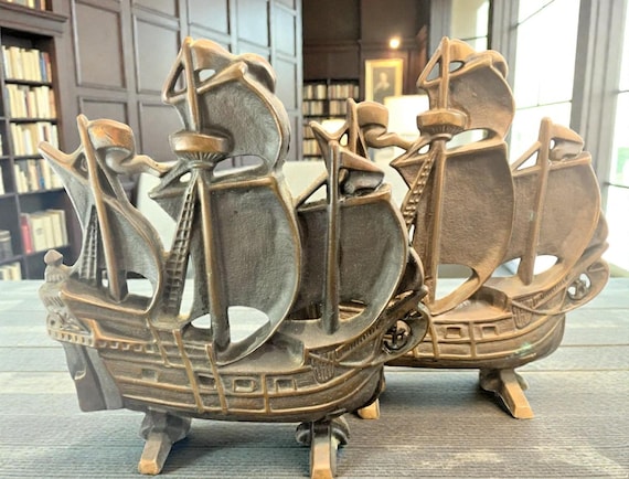 Vintage Bronze Tall Ship Doorstop Bookends: Nautical Home Decor