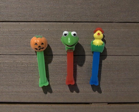 Vintage PEZ Dispensers, 1990s Kermit Frog, Pumpkin, Chick N Egg, Set of 3