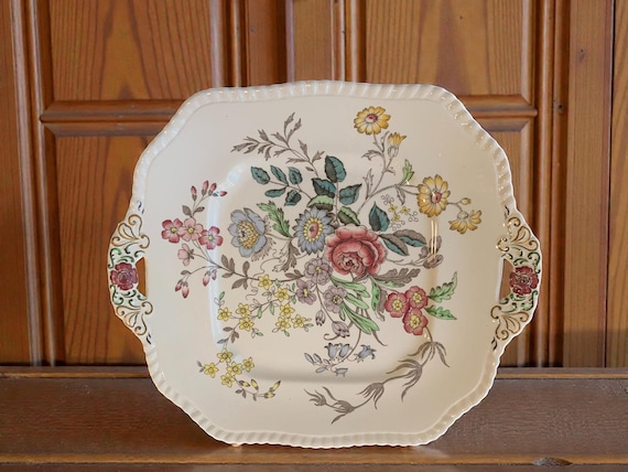 Vintage Copeland Spode Romney Gadroon Oval Floral Pattern Cake Plate With Handles 11" Around